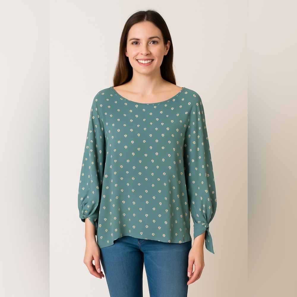 Papermoon Teal Balloon-Sleeve Blouse – Dainty Gold Floral – Size XL F7